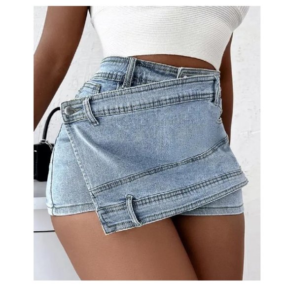 Blue Denim Skort Asymmetric High Rise Skirt Shorts combo 5 Pockets School Casual - Picture 8 of 13